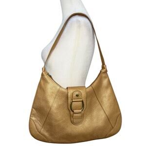 Vintage 70s Marshall Fields Hobo Style Shoulder Purse Gold Pebbled Leather Bag